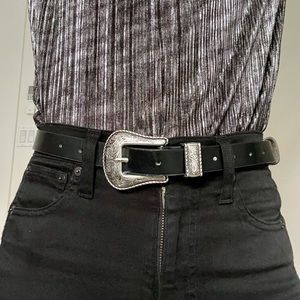 Black Leather Belt with Engraved Buckle